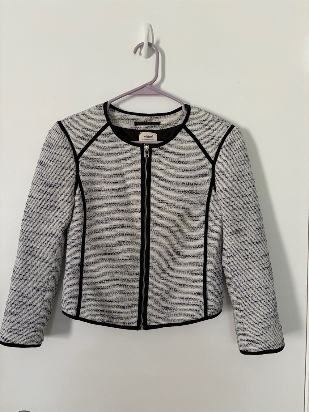 Wilfred Black-Trim Ivory Tweed Zip Jacket